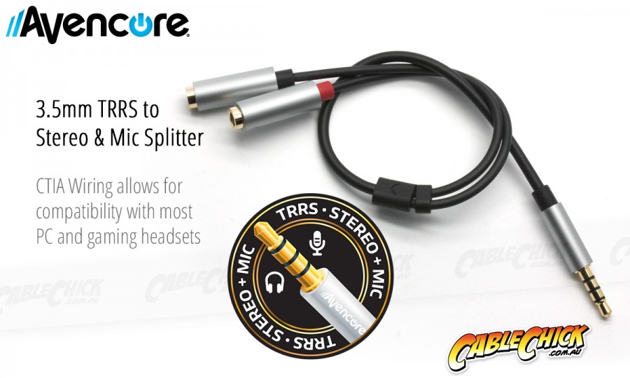 Avencore 4-Pole TRRS to 3.5mm Stereo & Mic Splitter Cable (Male to 2x Female) (Photo )