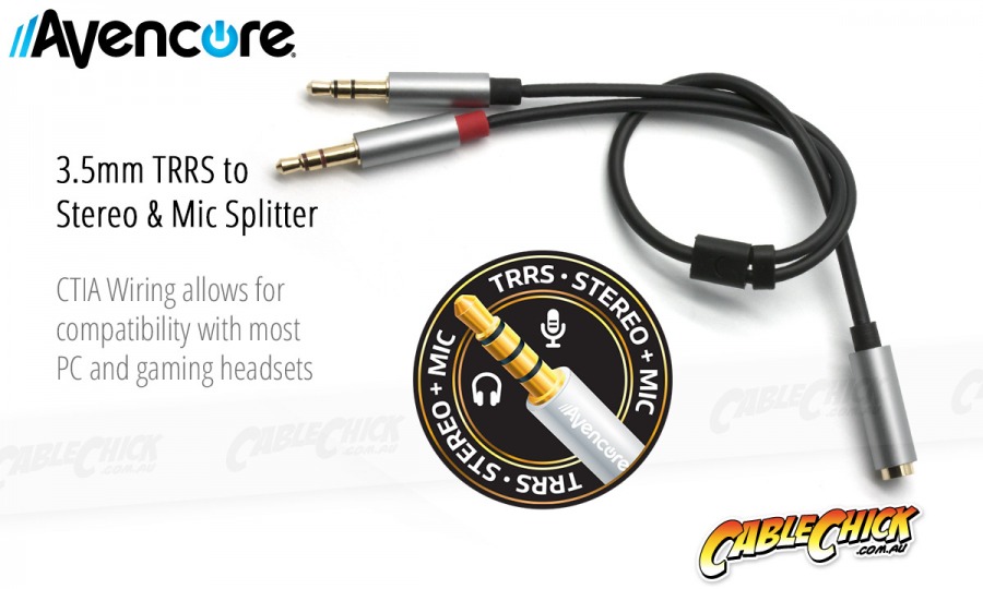 Avencore 4-Pole TRRS to 3.5mm Stereo & Mic Splitter Cable (Female to 2x Male) (Photo )