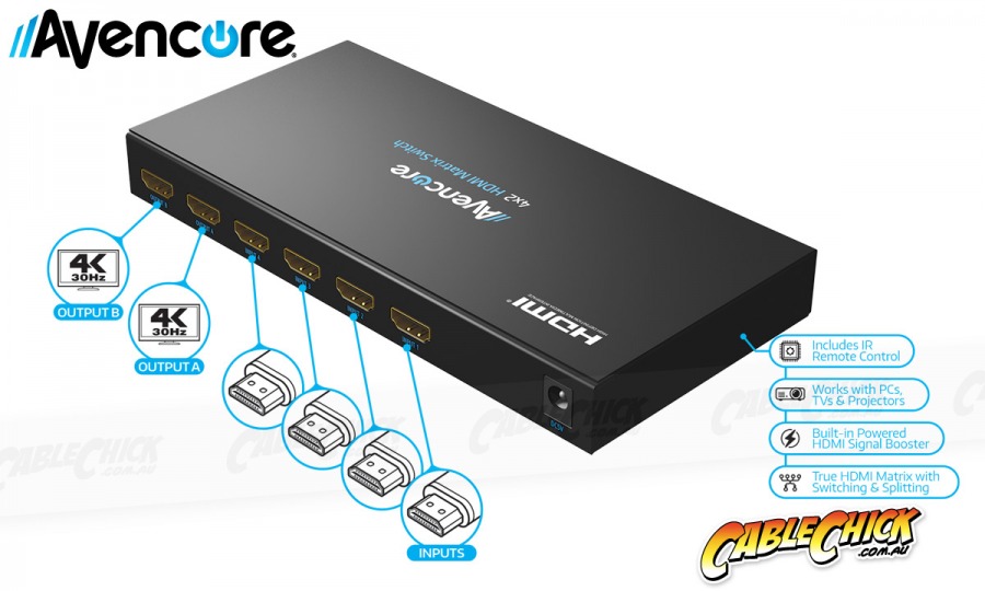 Avencore HDMI 4x2 True Matrix Switch & Splitter with Remote (Supports 3D+1080p@60Hz) (Photo )