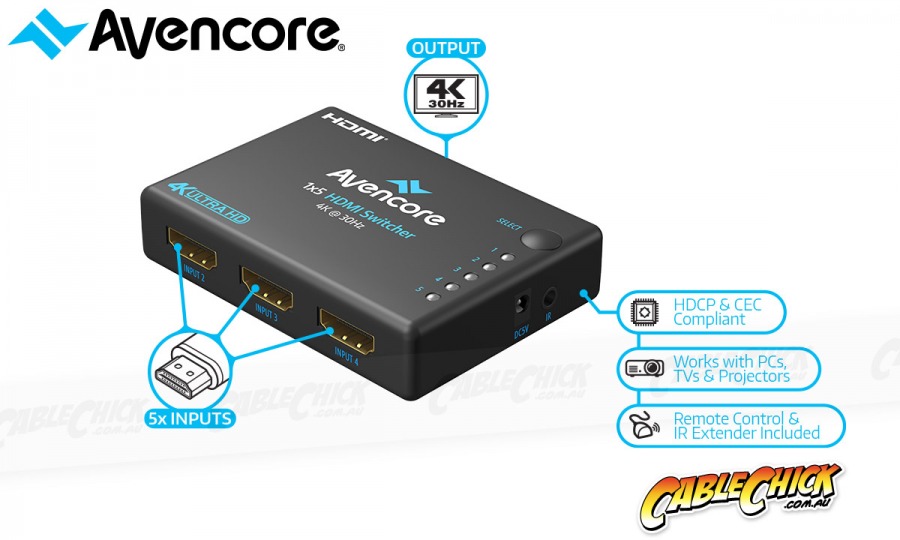 Avencore Halon Series 5-Port HDMI Switch with Remote & IR Receiver (1080p 3D + UHD/30Hz) (Photo )