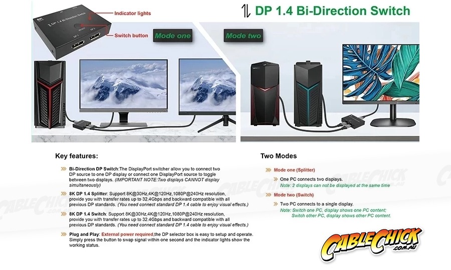 Bi-Directional DisplayPort 1x2 Splitter & 2x1 Switch (Supports 8K/30Hz) (Photo )