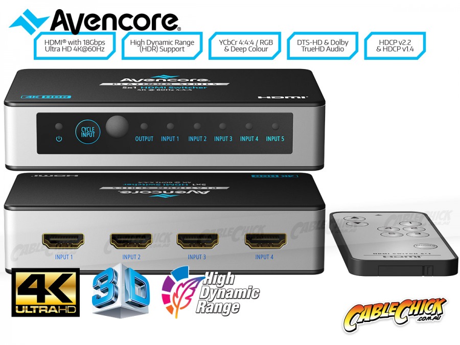Avencore Platinum 5-Port Ultra HD 4K/60Hz HDMI Switch (5x1 HDMI 2.0 Switch) (Photo )
