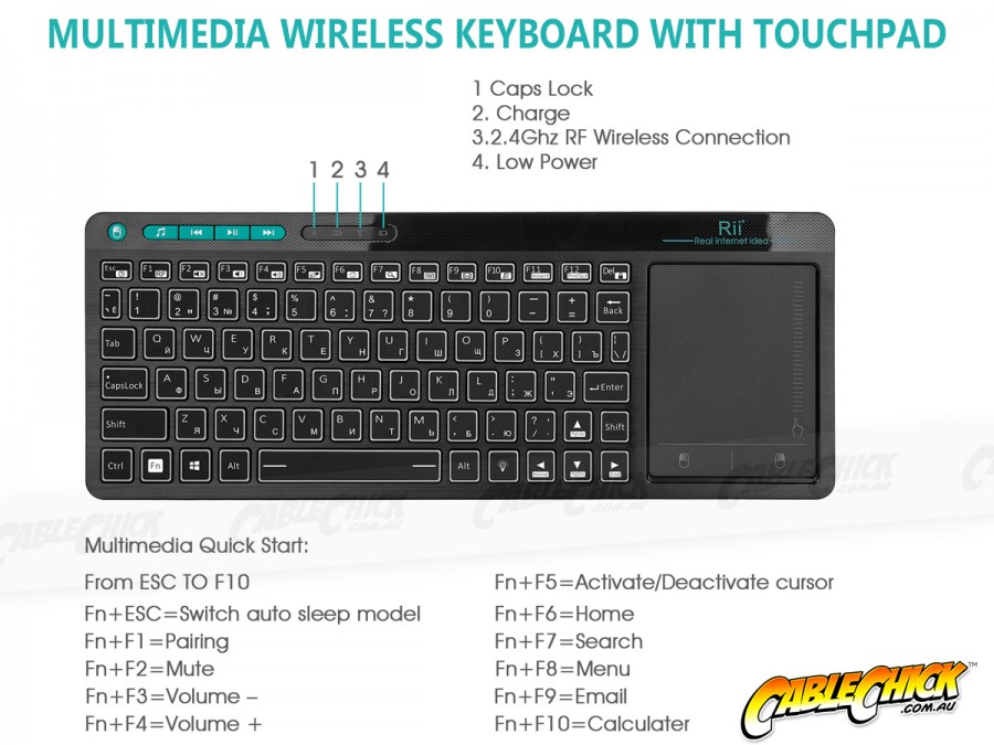Rii 2.4GHz Rechargable Wireless Media Backlit Keyboard with Touchpad (Photo )