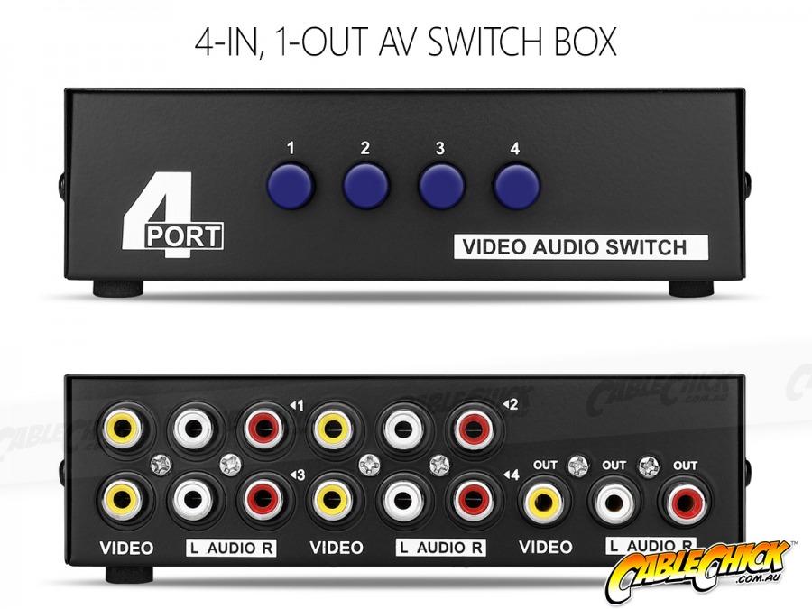 4-Port AV Switch Box - Metal Housing (Audio + Composite Video Switching) (Photo )