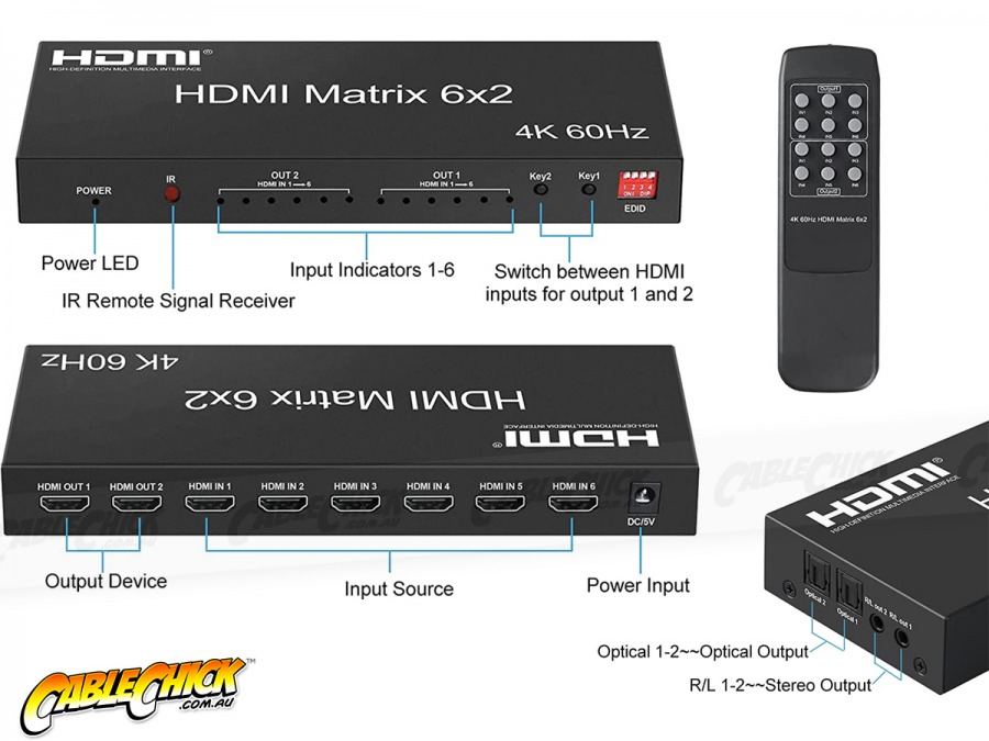 UltraHD 4K HDMI 6x2 True Matrix Switch & Audio Extractor (HDMI 2.0 Supports 4K@60Hz) (Photo )