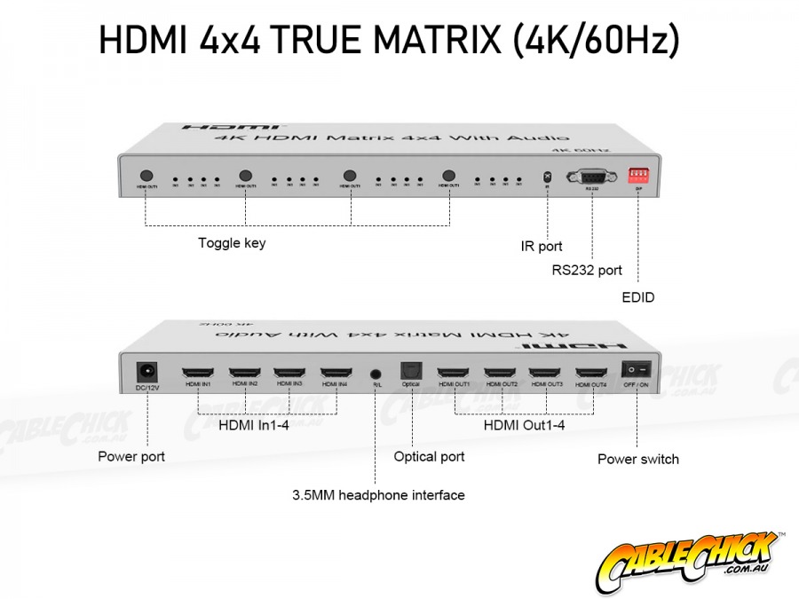 Ultra HD 4K@60Hz True Matrix 4x4 HDMI Switch with Remote (Photo )