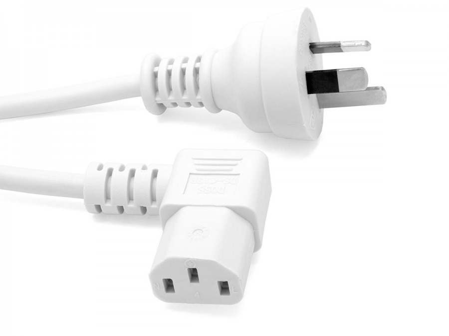 2m Right-Angled IEC Power Cable - White (IEC-C13 to Australian Mains Plug) (Photo )